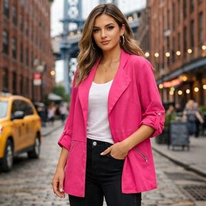 Soho Apparel Mid-Length Lightweight Jacket Blazer | Roll Sleeve Zip Pocket Chic